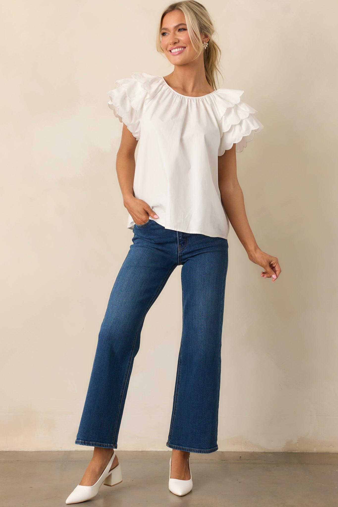 Bianca White Cotton Embroidered Scallop Top Product Image