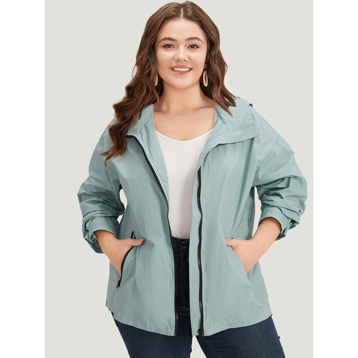 Plus Size Plain Hooded Pocket Zipper Fly Jacket Women SlateGray Plain Pocket Dailywear Jackets BloomChic 28/5X Product Image