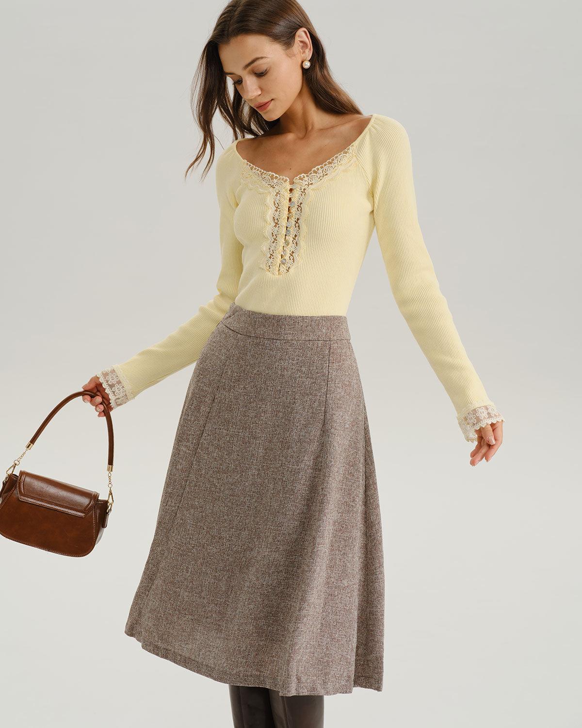 Yellow V Neck Lace Knit Tee Product Image