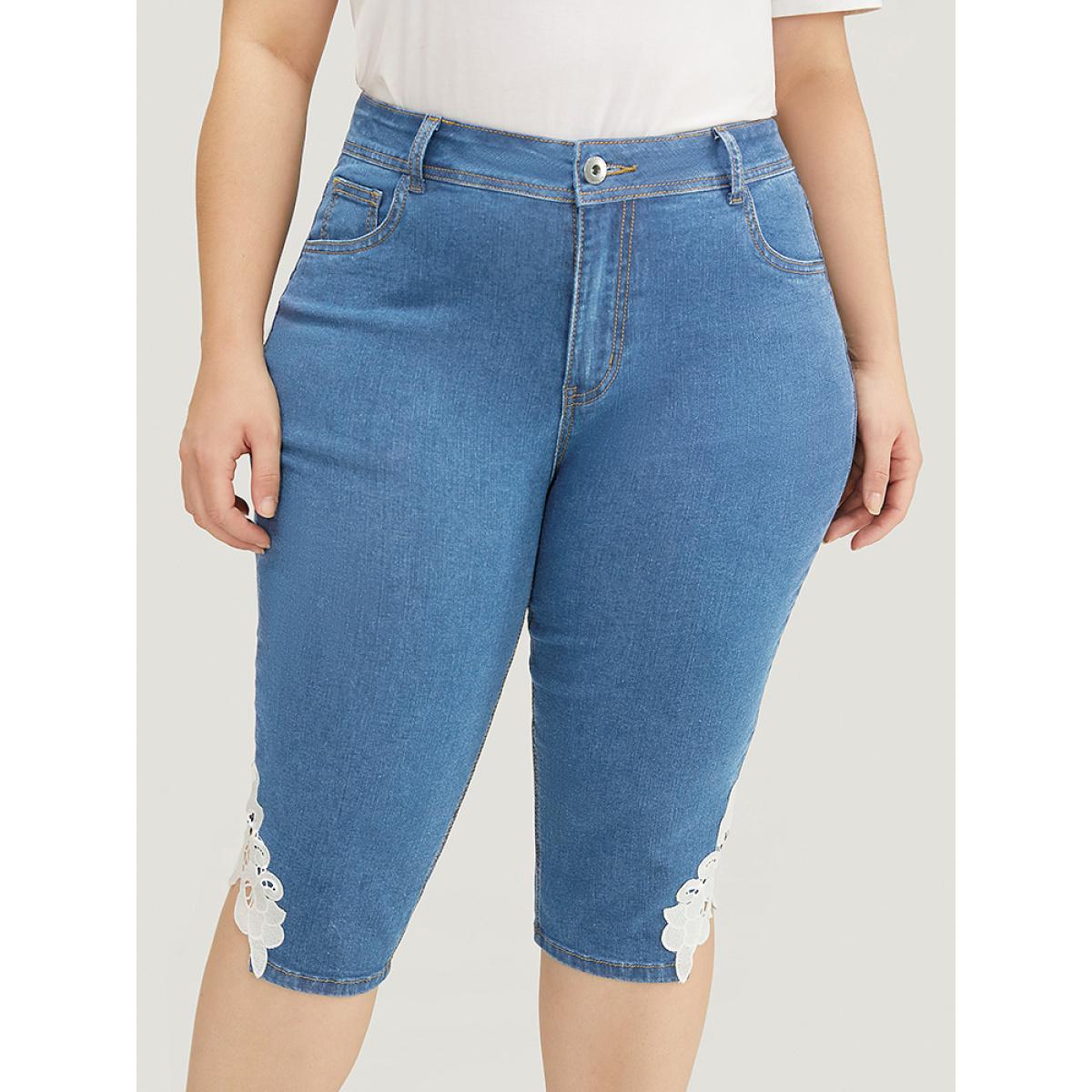 Plus Size Very Stretchy High Rise Medium Wash Guipure Lace Knee Denim Shorts Women LightBlue High stretch Everyday Patch pocket Casual Denim Shorts BloomChic 12/L Product Image