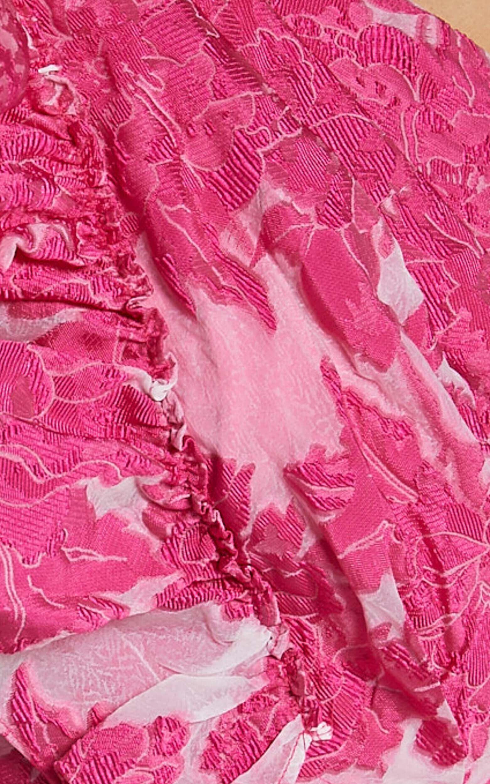 Alfreda Midi Dress - One Shoulder Ruffle Detail Brailey Jacquard Dress in Pink Product Image