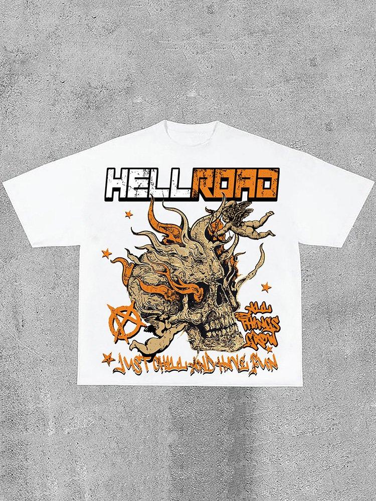 Sopula Hell Road Flame Skull Angel Print Cotton T-Shirt Product Image