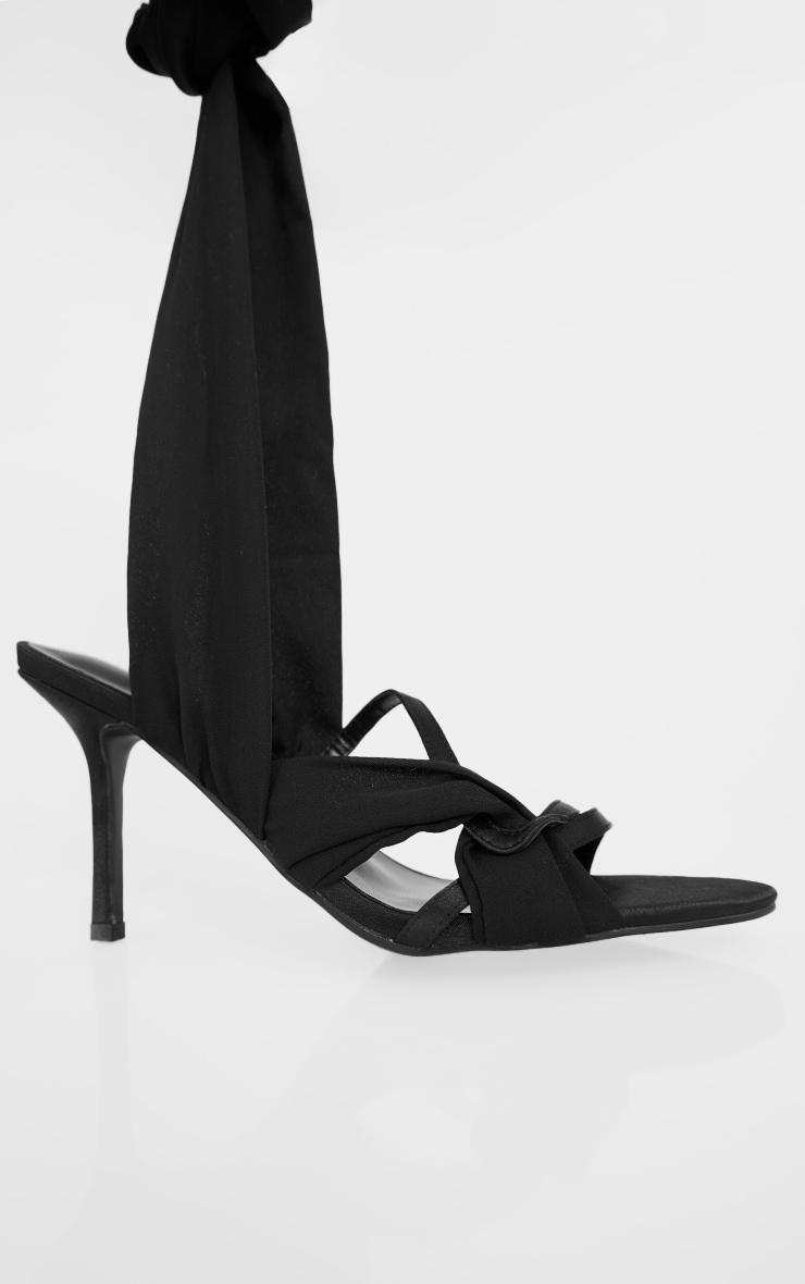 Black Satin Round Toe Lace Up Ribbon Heeled Sandals Product Image