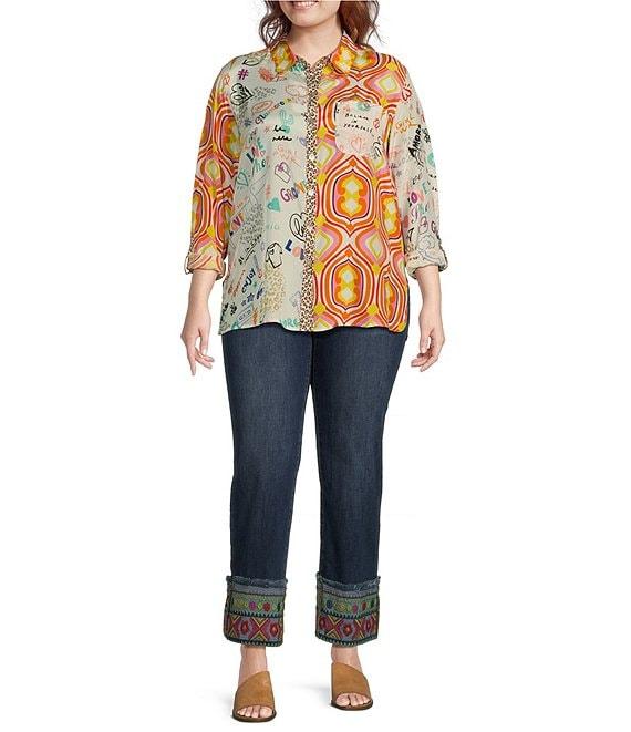John Mark Plus Size Woven Novelty Mix Print Point Collar Long Roll-Tab Sleeve Button Front Tunic Product Image