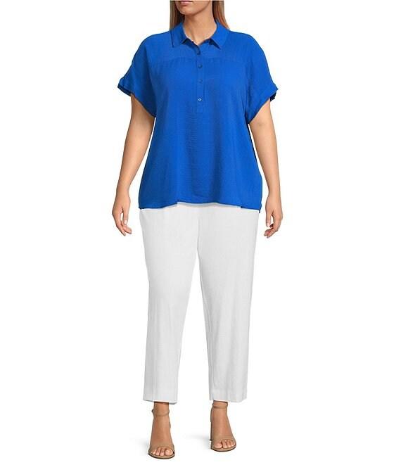 Investments Plus Size Woven Short Sleeve Point Collar Partial Button Front Top Product Image