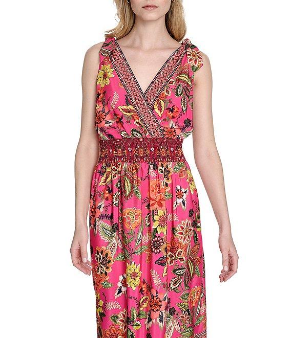 Eliza J V-neck Bow Shoulder Floral Print Smocked Waist Midi Dress Product Image