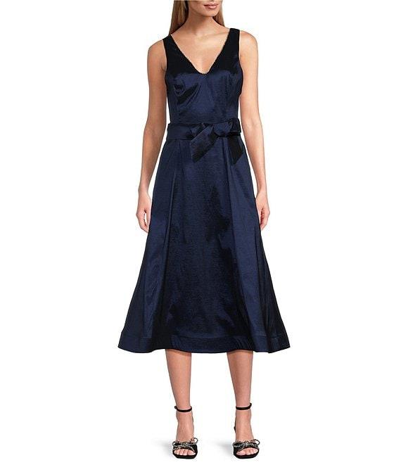 Marina V-Neck Sleeveless Tie Sash Stretch Taffeta Midi Fit and Flare Dress Product Image