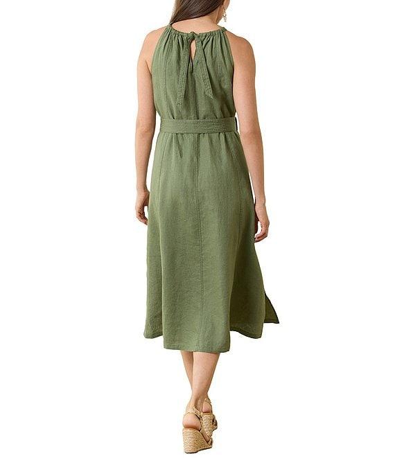 Tommy Bahama Coastalina Linen Tie-Back Halter Neck Sleeveless Gold Bamboo Belted A-Line Midi Dress Product Image