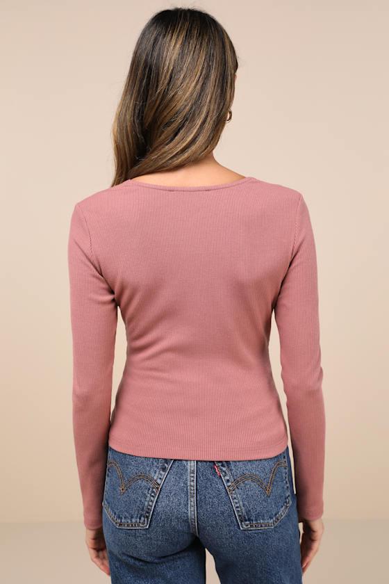 Perfectly Cherished Mauve Knit Lace Long Sleeve Button-Front Top Product Image