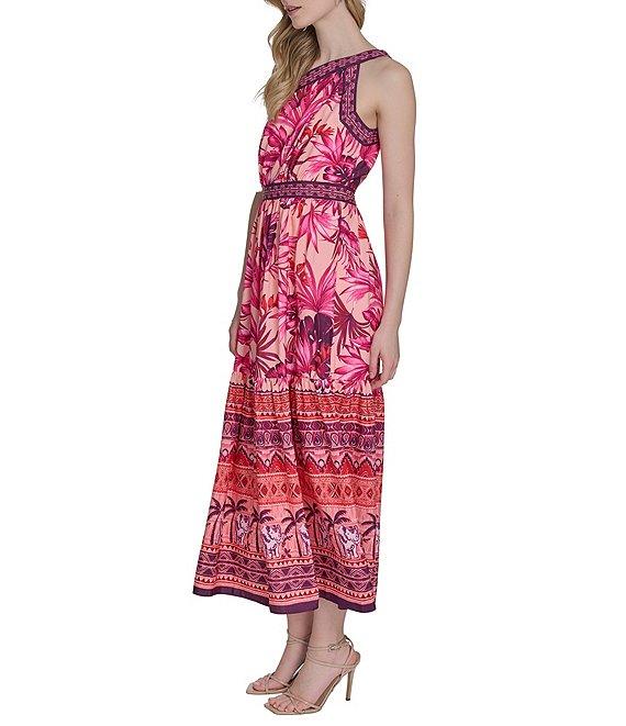 Eliza J One Shoulder Tropical Floral Print Tiered A-Line Midi Dress Product Image