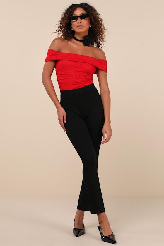 Sultry Whimsy Red Lace Off-the-Shoulder Bodysuit Product Image