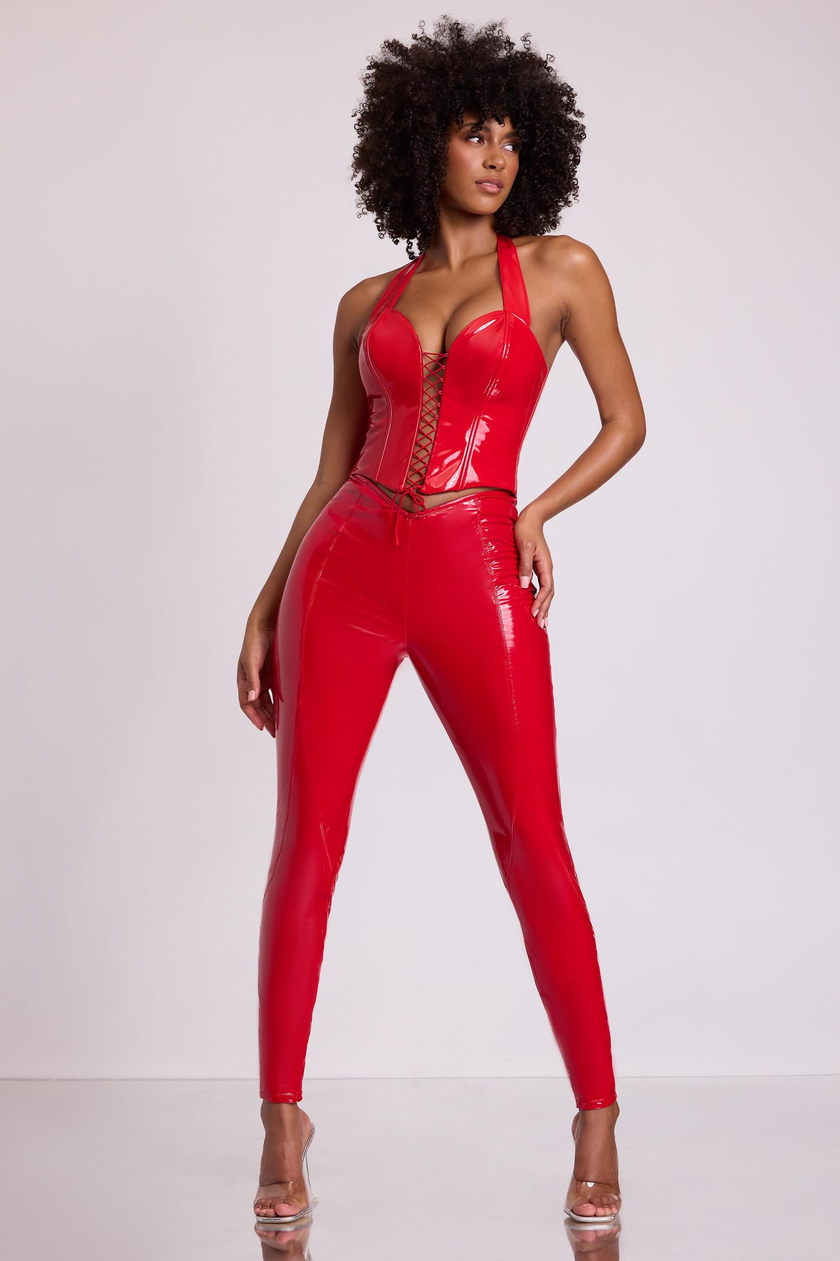 Vinyl Halter Neck Lace Up Corset Crop Top in Fire Red Product Image