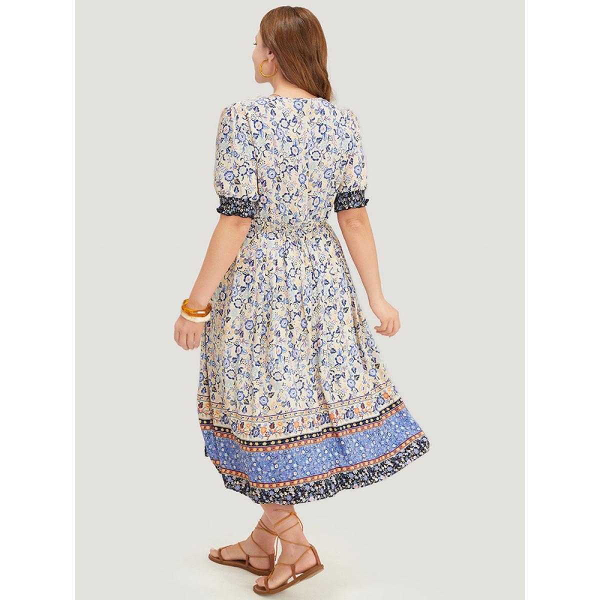 Plus Size Bandana Print Surplice Neck Pocket Shirred Puff Sleeve Dress Aegean Women Vacation Overlap Collar Short sleeve Curvy Midi Dress BloomChic 22-24/3X Product Image