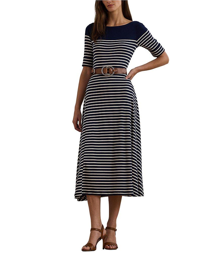 Lauren Ralph Lauren Stripe Print Knit Boat Neck Elbow Length Sleeve Side Panel Fit & Flare Midi Dress Product Image