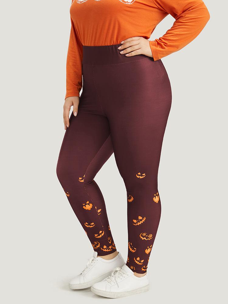 Halloween Pumpkin Print Wideband Waist Leggings Female Product Image