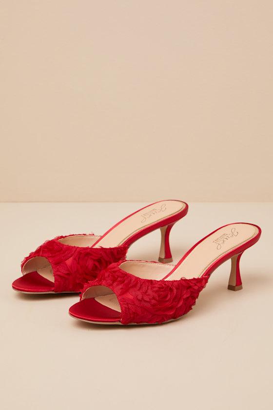 Scarlet Red Satin Kitten Heel Slide Sandals Product Image