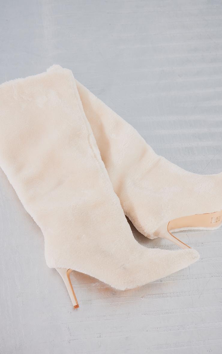 Cream Faux Shearling Point Toe Knee High Heeled Boots Product Image