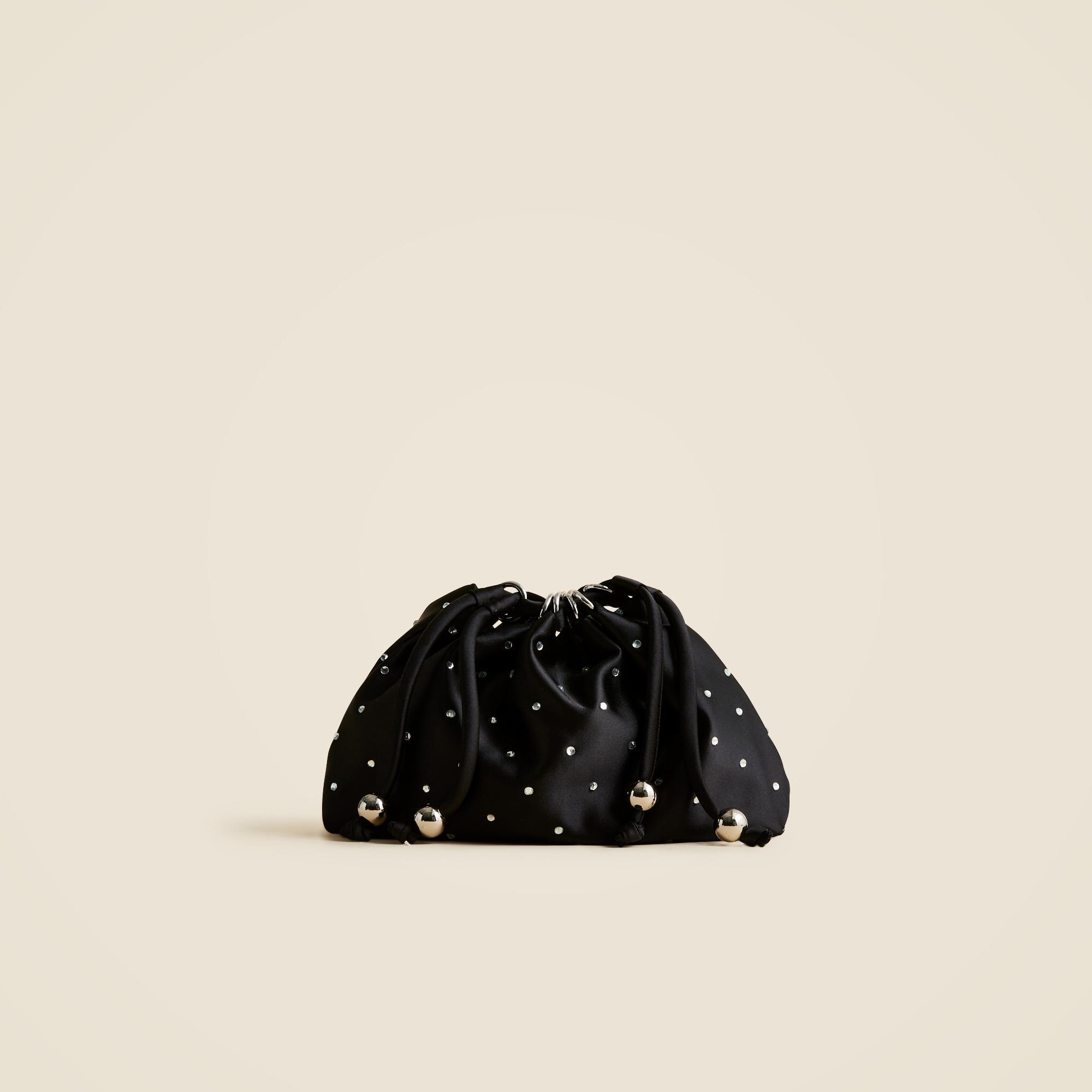 Drawstring pouch bag in crystal-embellished satin Product Image