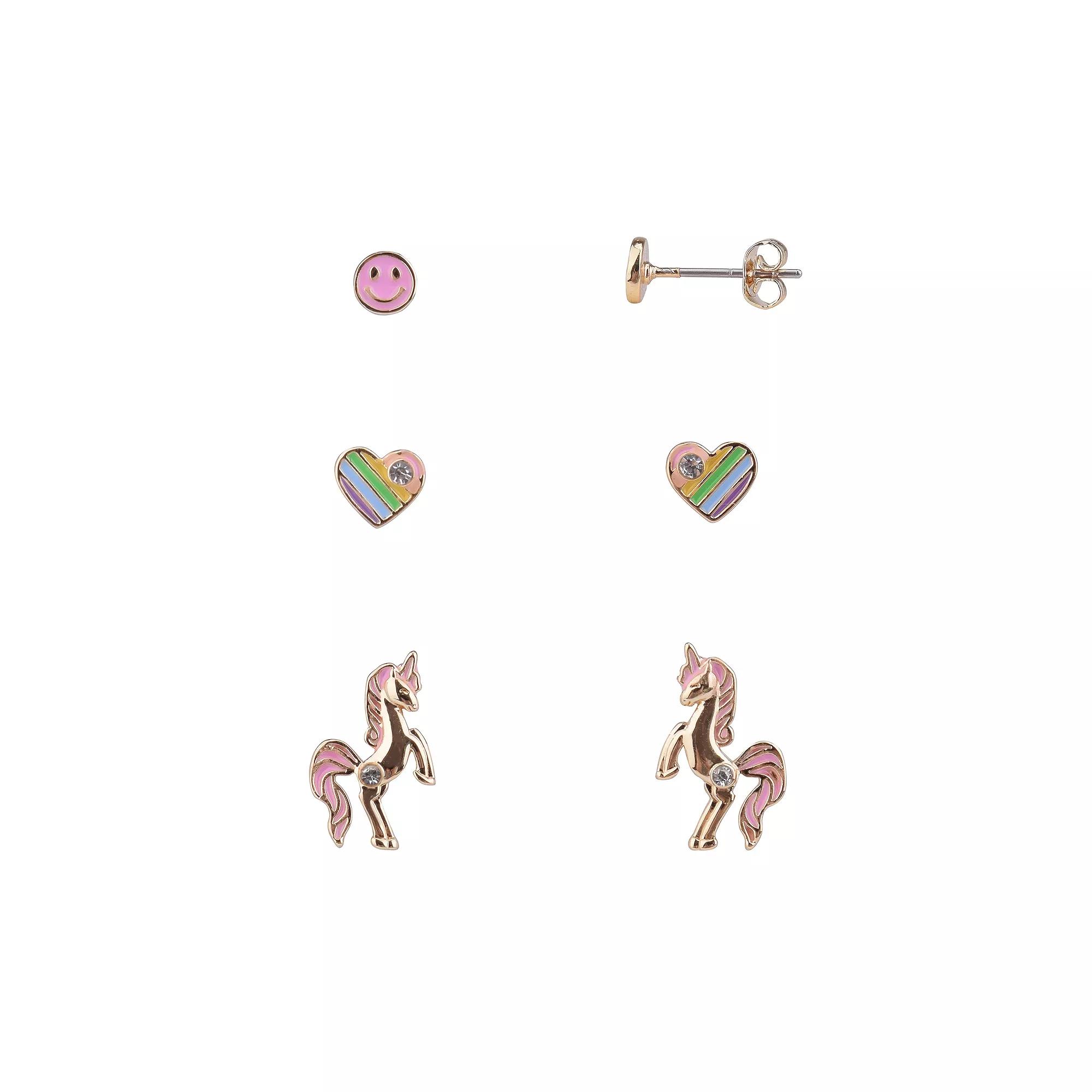 FAO Schwarz Gold Tone Unicorn & Heart Trio Stud Earring Set, Women's, Pink Product Image