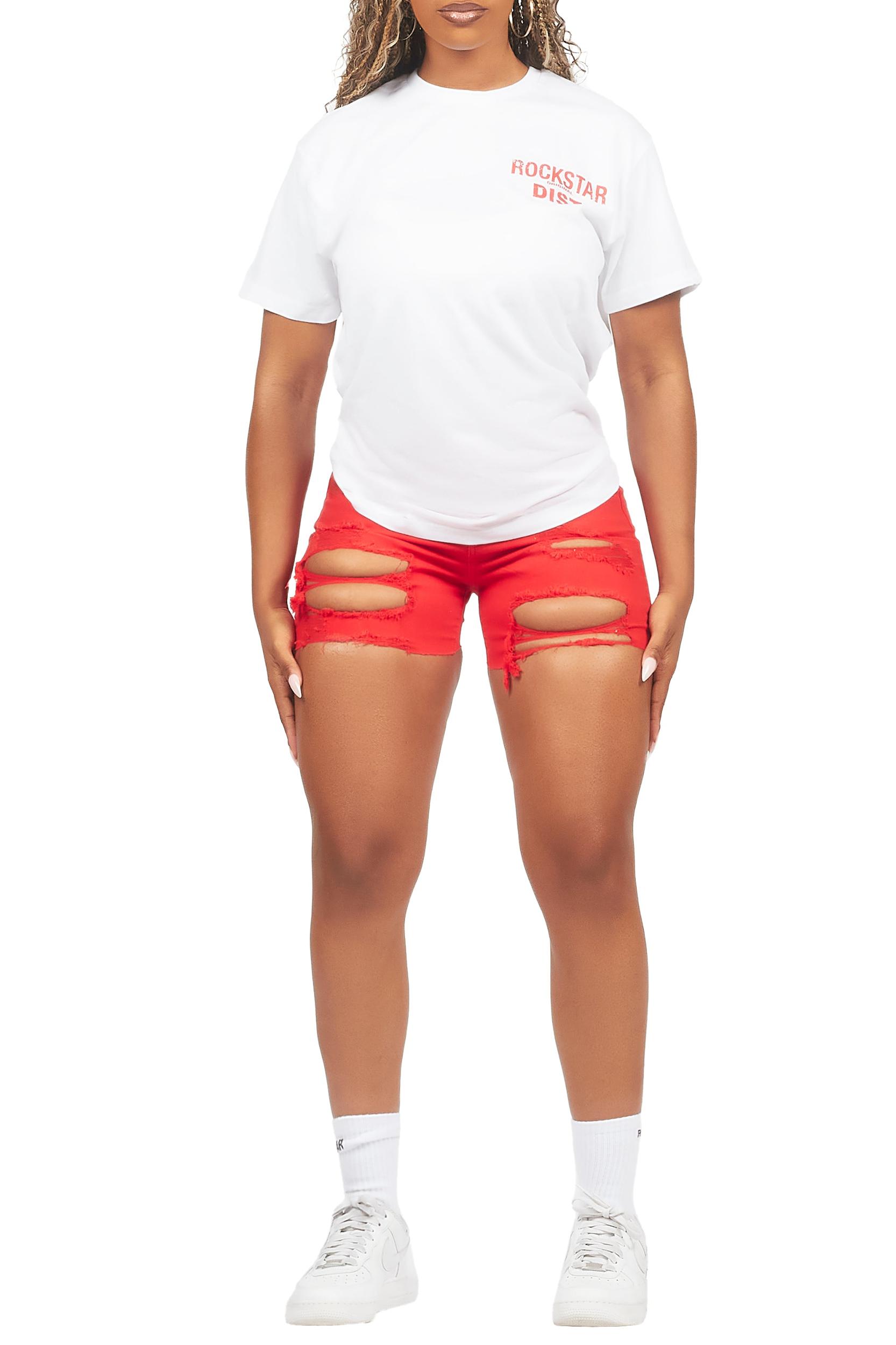 Jaquane White/Red Denim Short Set Female Product Image