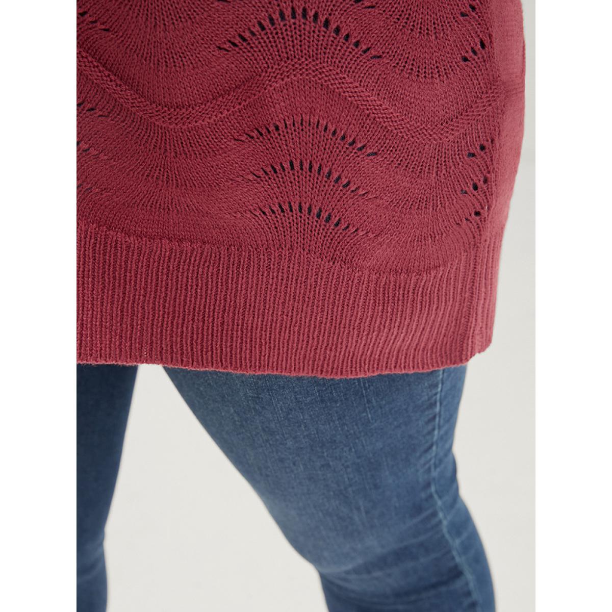Plus Size Plain Pointelle Knit Water Ripple Eyelet Knit Top Scarlet Women Casual Loose Long Sleeve V-neck Dailywear Pullovers BloomChic 14-16/1X Product Image