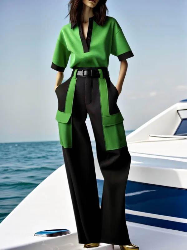 Half Sleeves Loose Contrast Color Lapel Blouses&Shirts Tops Product Image