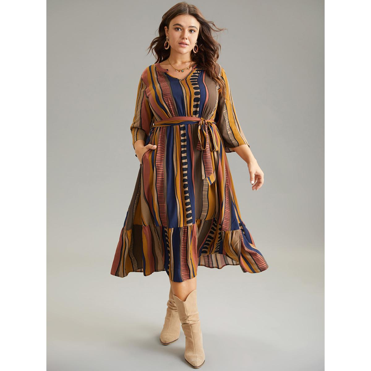 Plus Size Cotton Striped Colorblock Belted Notched Dress Chocolate Women Vacation Belted Notched collar Elbow-length sleeve Curvy Midi Dress BloomChic 26/4X Product Image