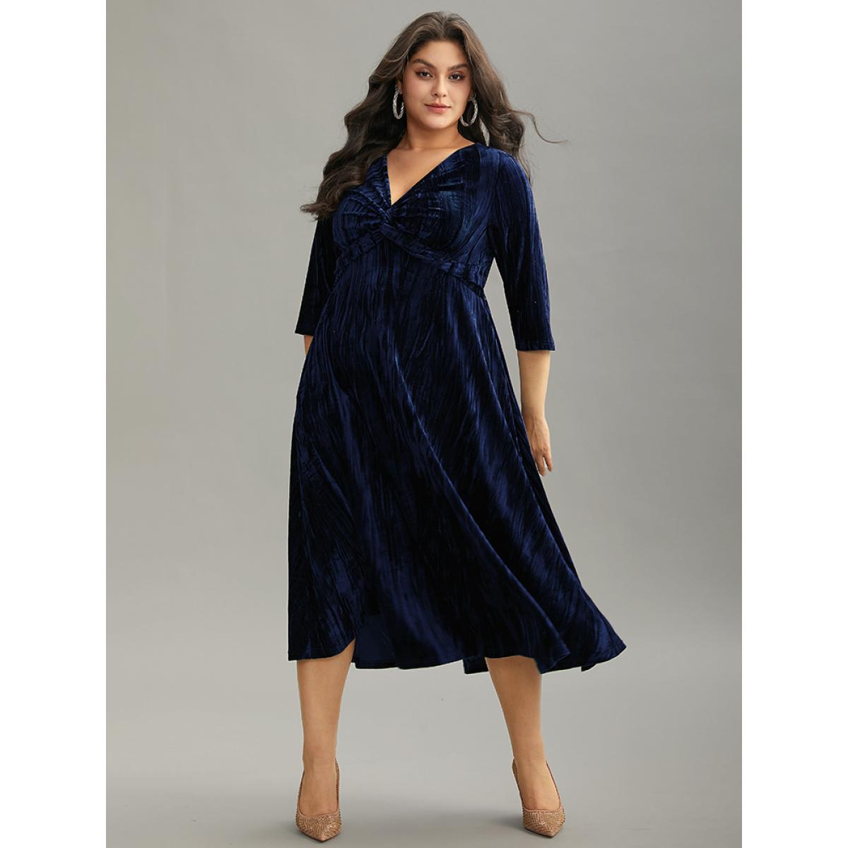 Plus Size Plain Velvet V Neck Twist Front Dress DarkBlue Women Cocktail Velvet V-neck Elbow-length sleeve Curvy Midi Dress BloomChic 22-24/3X Product Image