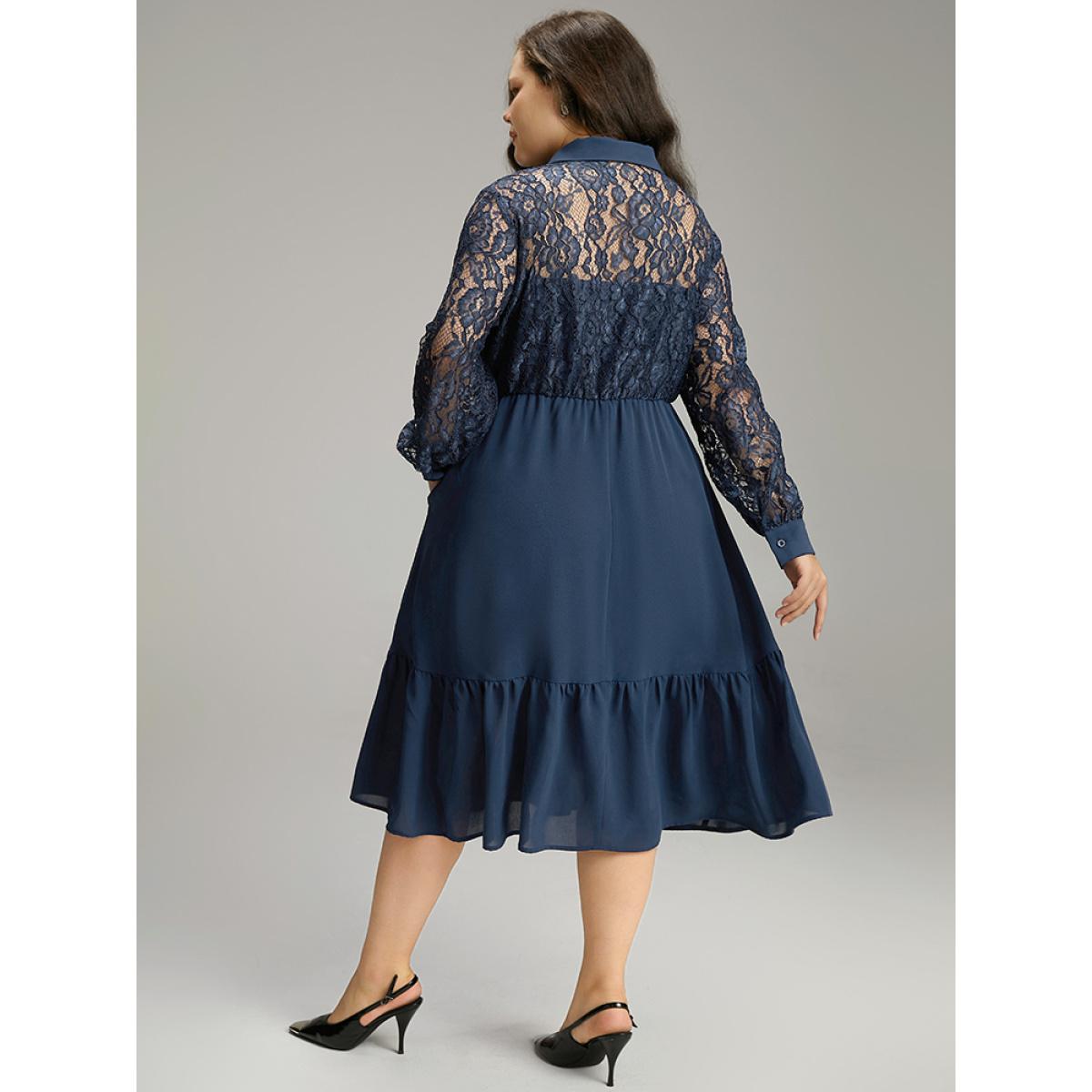 Plus Size Contrast Lace Shirt Collar Ruffle Hem Dress Indigo Women Office Plain Shirt collar Long Sleeve Curvy Midi Dress BloomChic 28/5X Product Image
