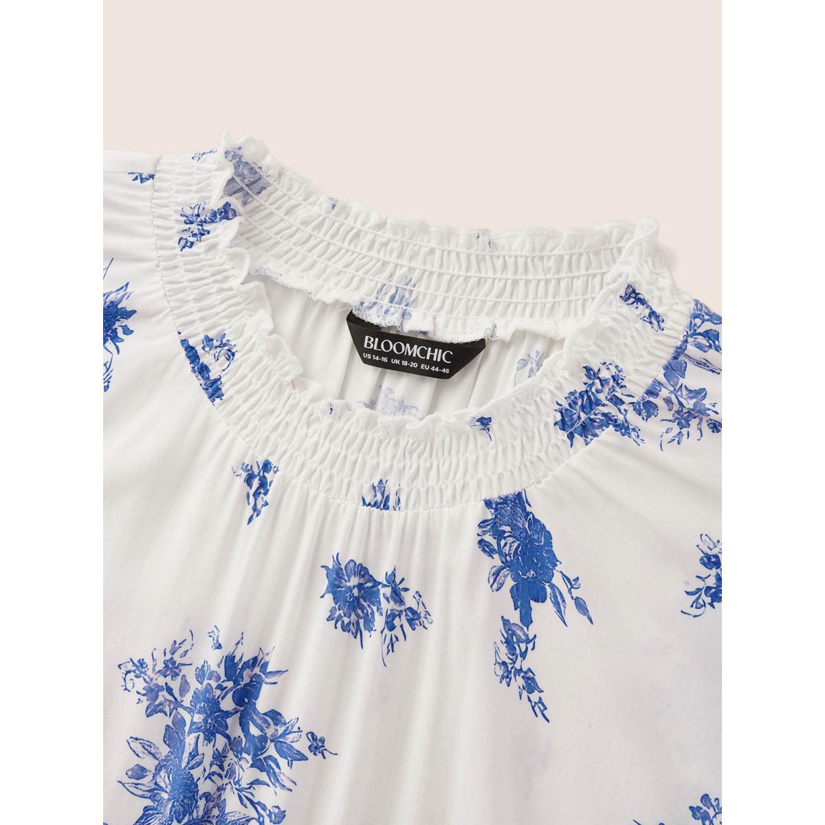 Plus Size Mediumblue Wrap Collar Floral Ruffle Sleeve Blouse Women Elegant Short sleeve Wrap collar Everyday Blouses BloomChic 10/M Product Image