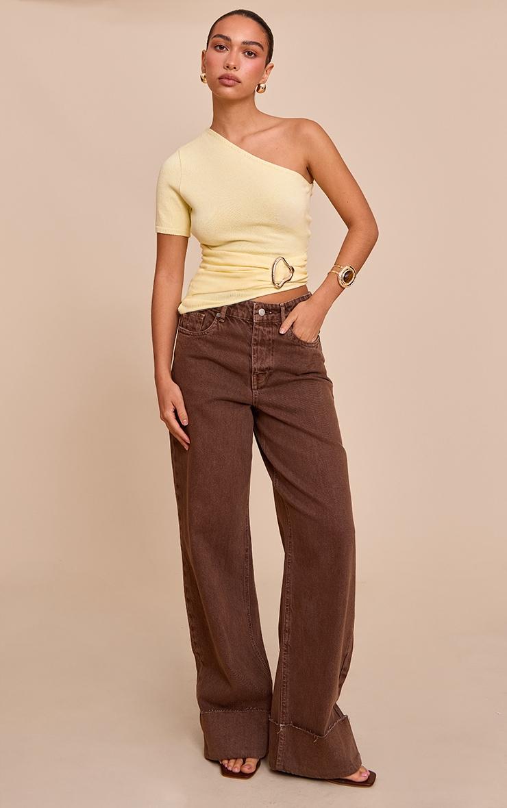 Yellow One Shoulder Asymmetric Trim Detail Knit Top Product Image