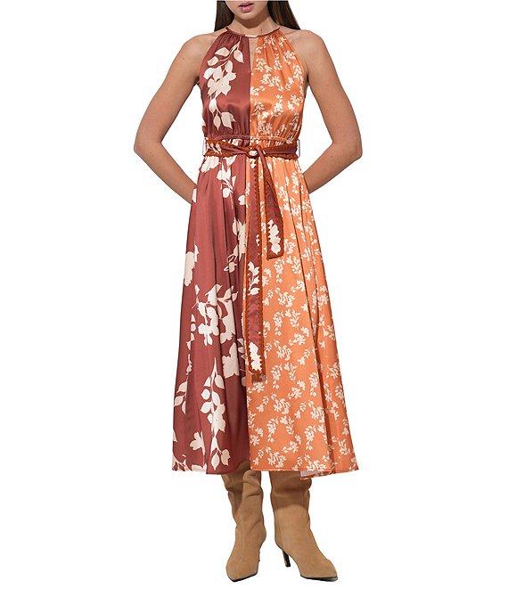Adelyn Rae Sandi Two Tone Floral Halter Wrap Front Tie Midi Dress Product Image