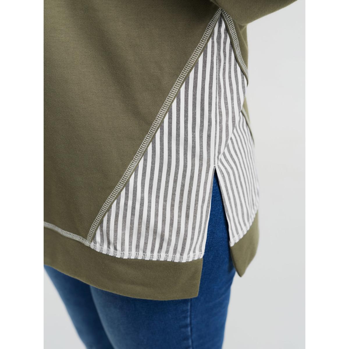 Plus Size 2-In-1 Stripe Drop Shoulder Sweatshirt Women Sage Leisure Contrast Shirt collar Casual Sweatshirts BloomChic 12/L Product Image