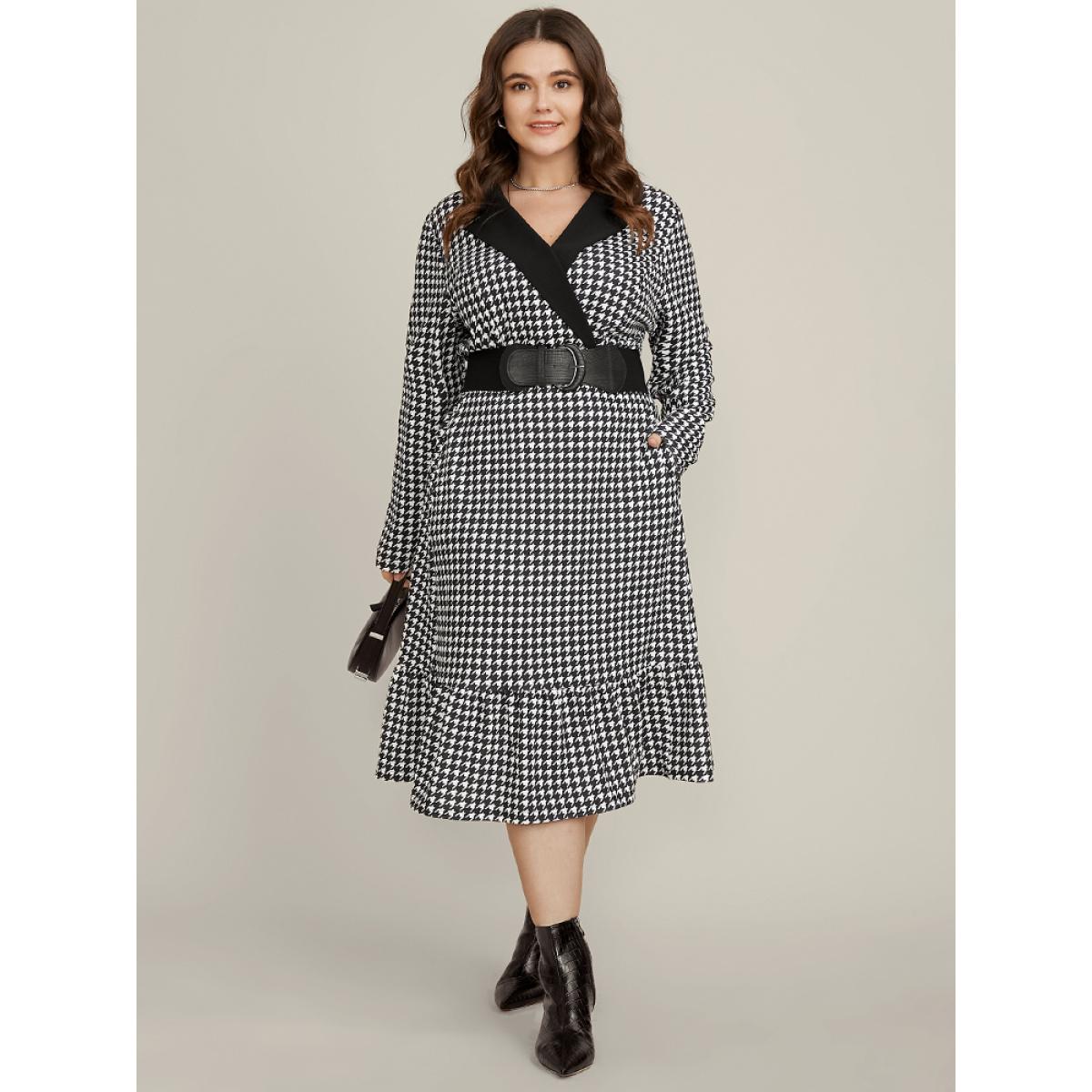 Plus Size Contrast Trim Suit Collar Pocket Ruffle Hem Houndstooth Dress Black Women Office Patchwork Suit Collar Long Sleeve Curvy Midi Dress BloomChic 14-16/1X Product Image