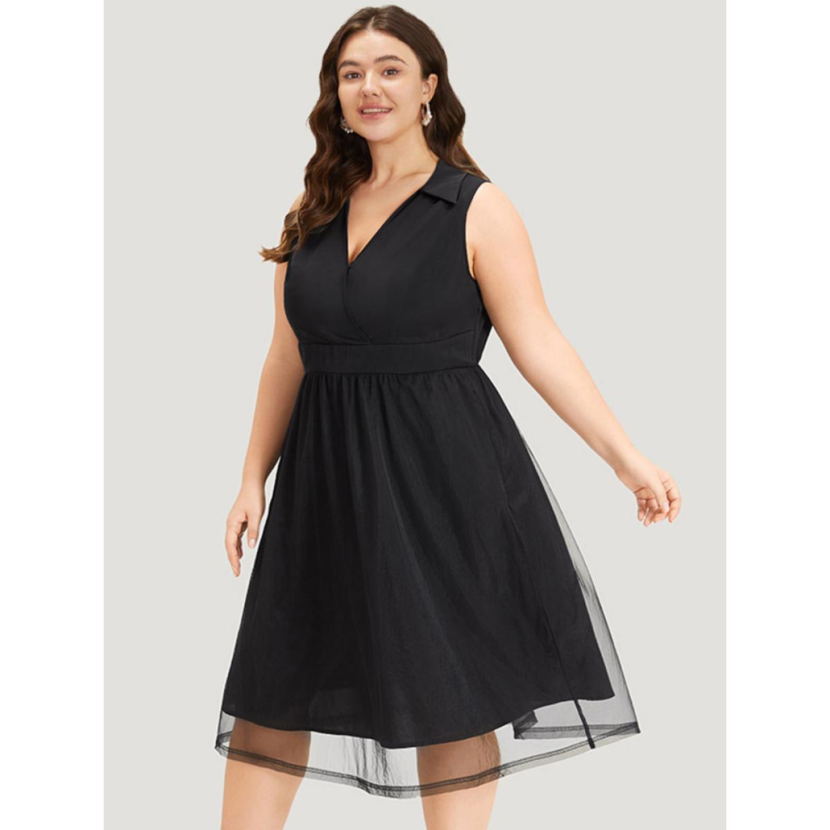 Plus Size Shirt Collar Pocket Mesh Elastic Waist Sleeveless Dress Black Women Elegant Lined Shirt collar Sleeveless Curvy Midi Dress BloomChic 26/4X Product Image