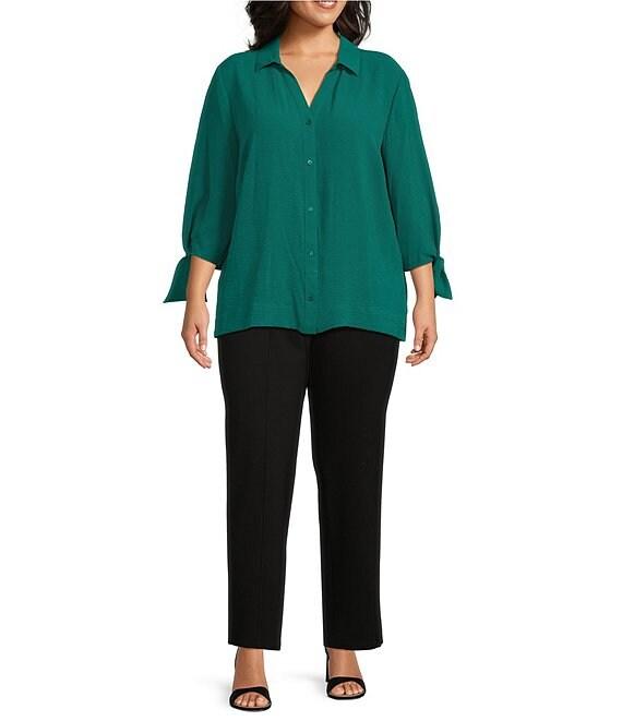 Slim Factor by Investments Plus Size Nicole Point Collar Y-Neck 3/4 Tie Sleeve Button Front Top Product Image