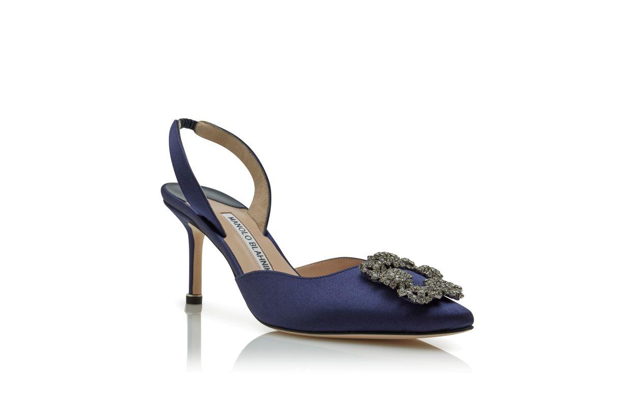 HANGISLI Navy Blue Satin Jewel Buckle Slingback Pumps Product Image
