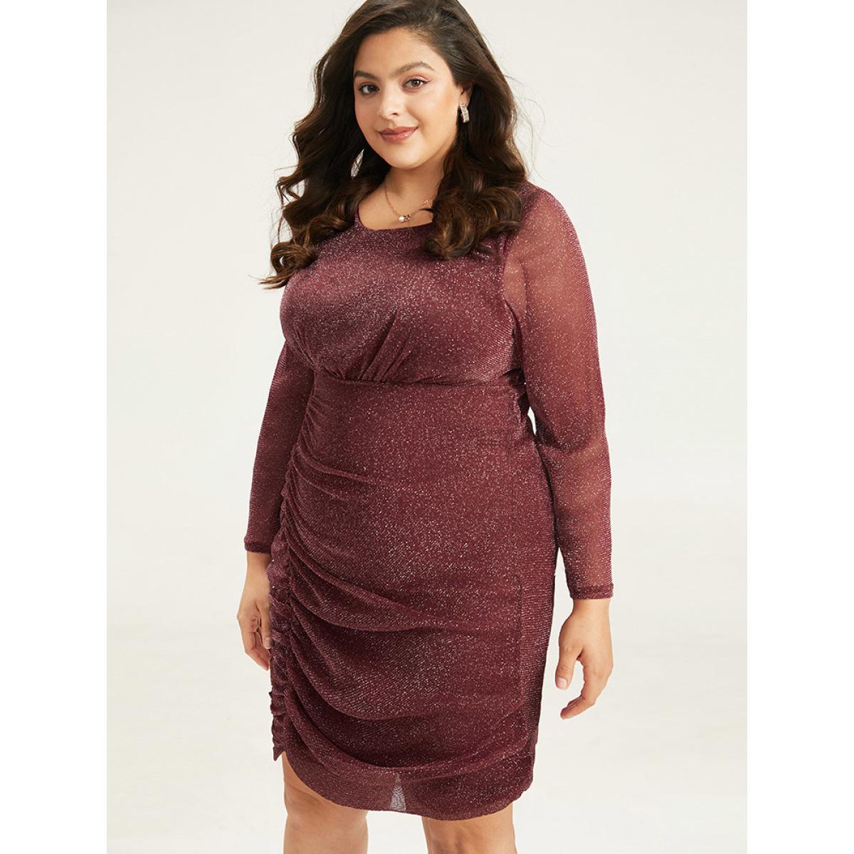 Plus Size Lurex Glitter Crew Neck Mesh Patchwork Gathered Dress Burgundy Women Casual Gathered Round Neck Long Sleeve Curvy Midi Dress BloomChic 10/M Product Image