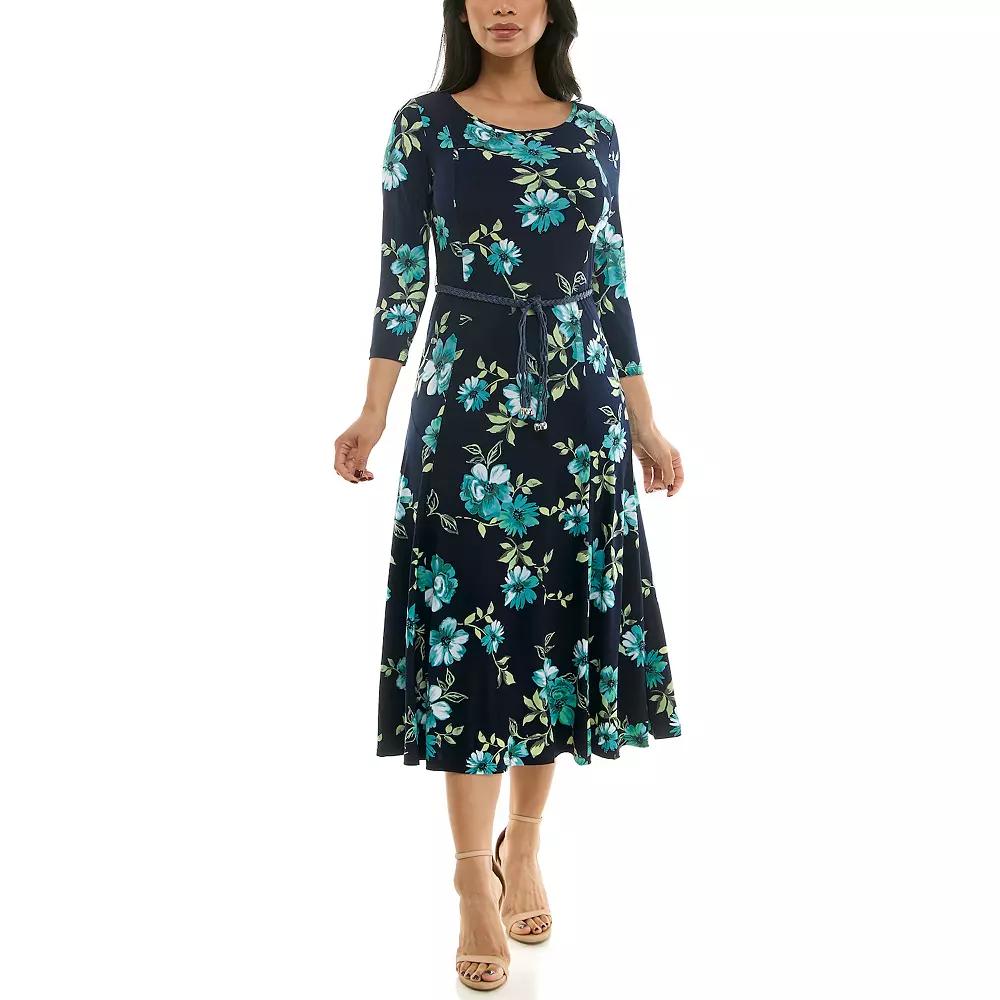 Women's Nina Leonard Sylvia Three-Quarter Sleeve Belted Midi Dress, Size: Medium, Rift Team Product Image