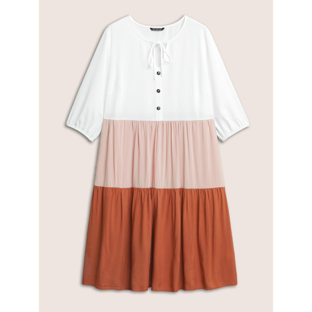 Plus Size Colorblock Contrast Patchwork Tie Neck Dress Multicolor Women Casual Non V-neck Elbow-length sleeve Curvy Midi Dress BloomChic 10/M Product Image