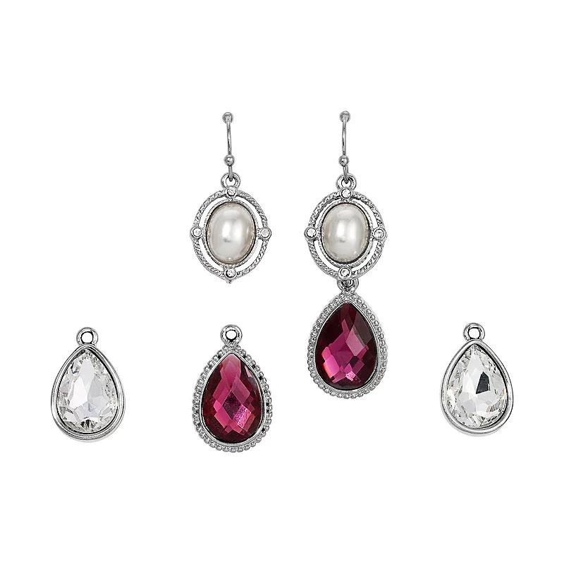 1928 Silver Tone Purple Simulated Pearl Interchangeable Earrings Boxed Set, Womens Product Image