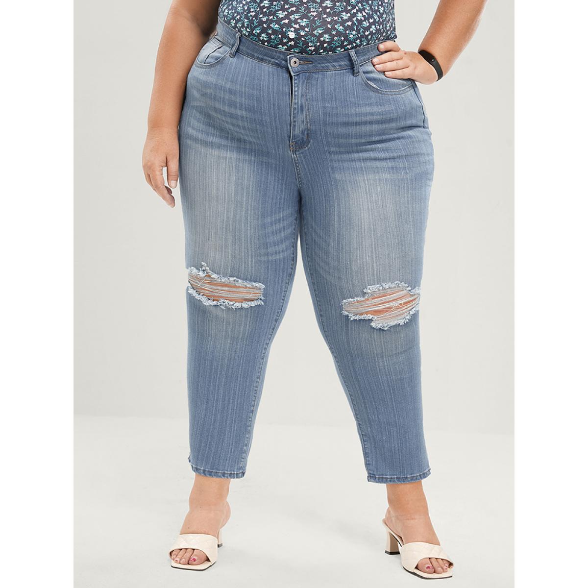 Plus Size Skinny Very Stretchy Mid Rise Light Wash Distressed Jeans Women Blue Casual Plain Distressed High stretch Pocket Jeans BloomChic 22/3X Product Image