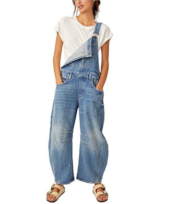 Free People We The Free Good Luck Denim Square Neck Barrel Leg Overalls Product Image