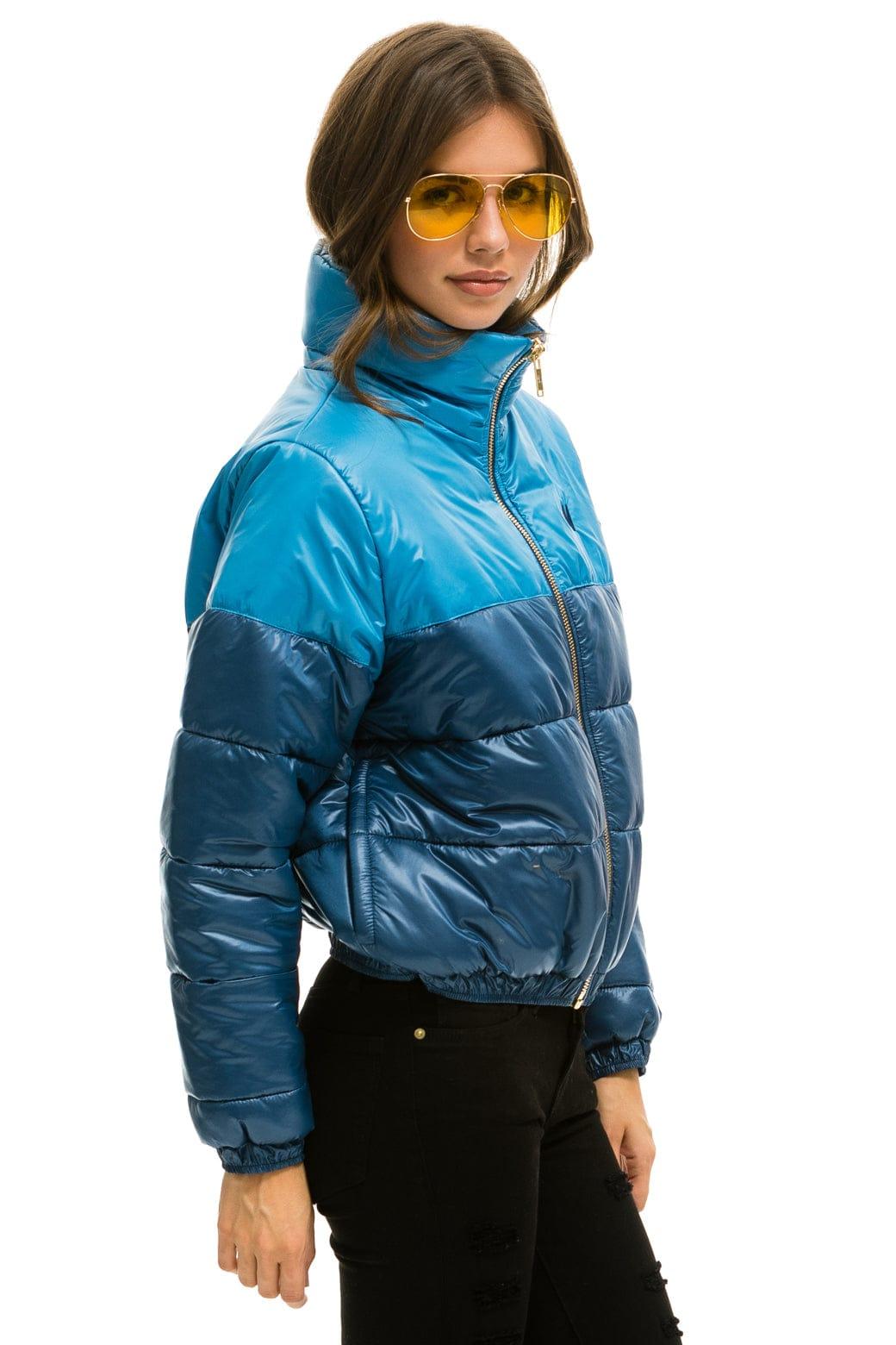COLOR BLOCK HALF AND HALF APRES PUFFER JACKET - OCEAN GLOSSY Female Product Image