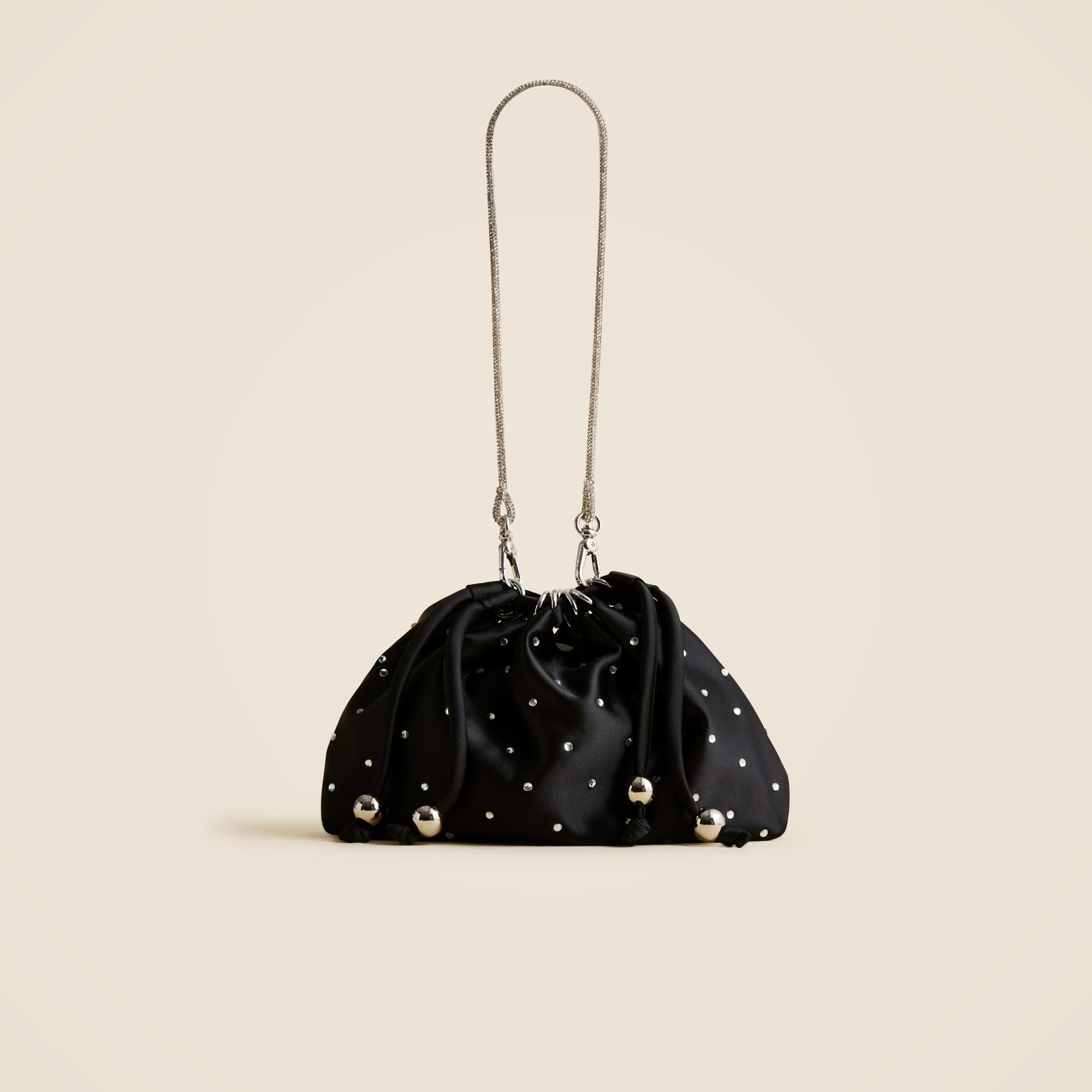 Drawstring pouch bag in crystal-embellished satin Product Image