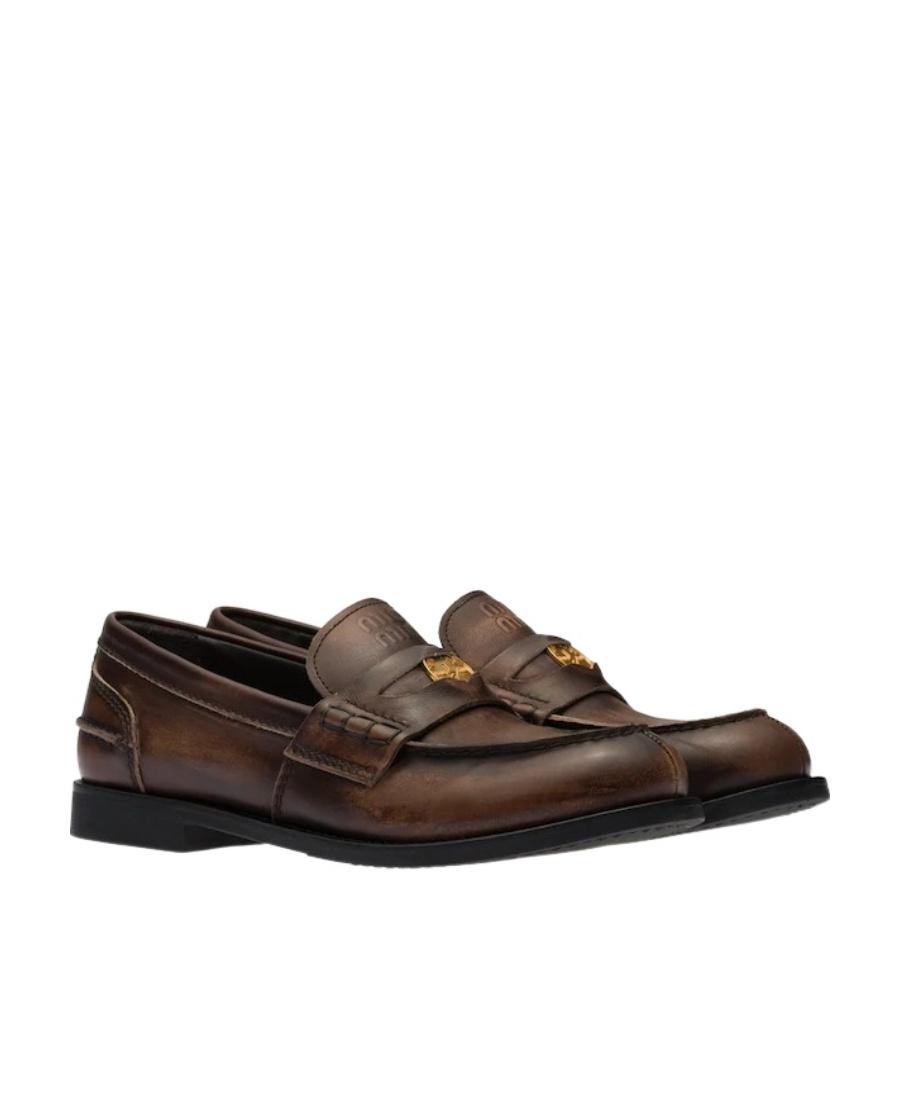 MIU MIU Leather Distressed Penny Loafers In Brown Product Image