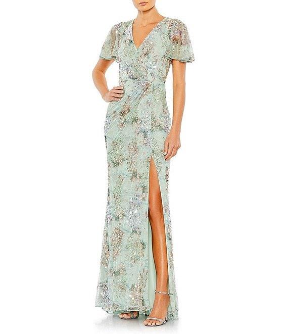 Mac Duggal Floral Sequin Short Butterfly Sleeve Faux Wrap Thigh High Slit Gown Product Image