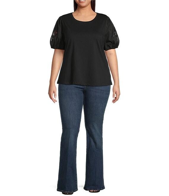 Skies Are Blue Plus Size Knit Puff Sleeve Embroidered Top Product Image