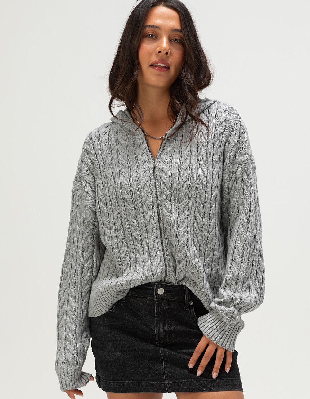 RSQ Womens Cable Knit Zip-Up Sweater - HEATHER GRAY Product Image