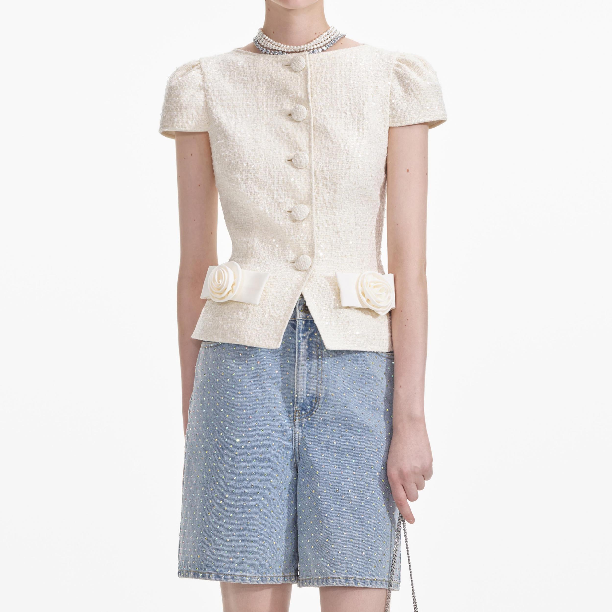 Cream Boucle Bow Detail Top Product Image